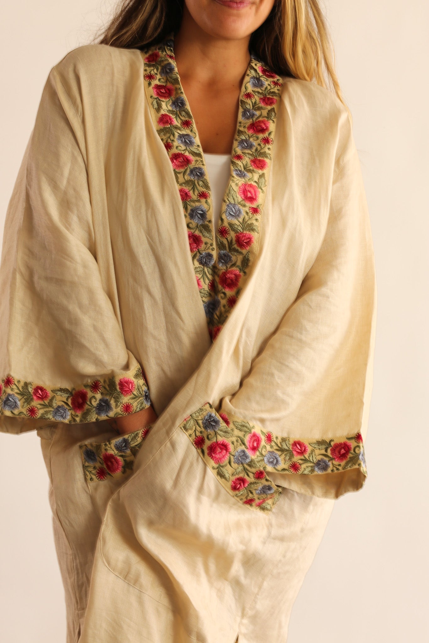 LINEN EMBROIDERED TRIM KIMONO DUSTER FRANKY