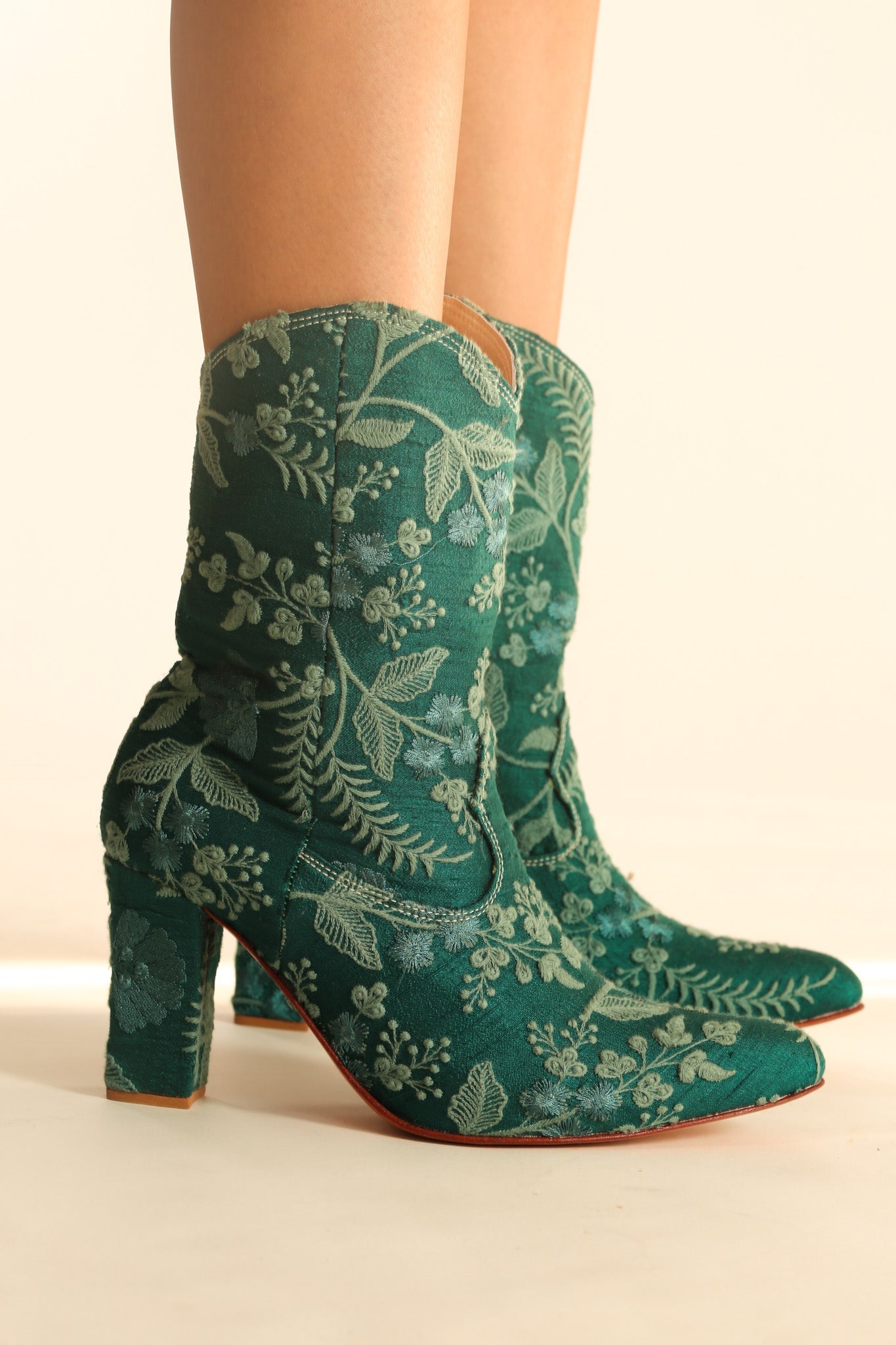 GREEN HIGH HEEL EMBROIDERED BOOTS SOPHIA