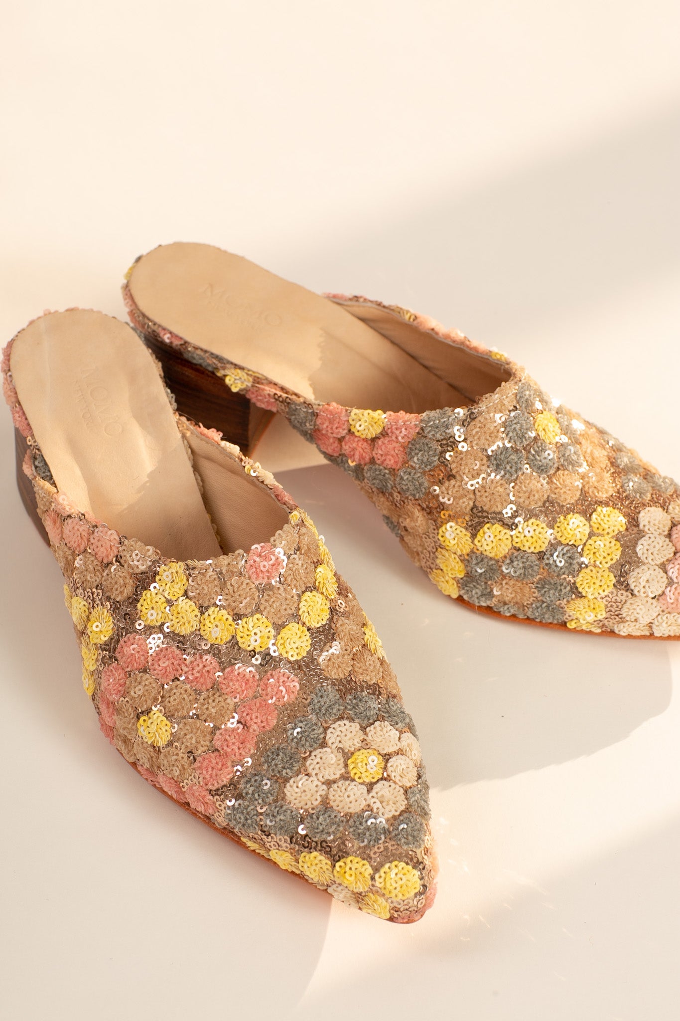 SEQUIN EMBROIDERED HEELED MULES ARITZIA
