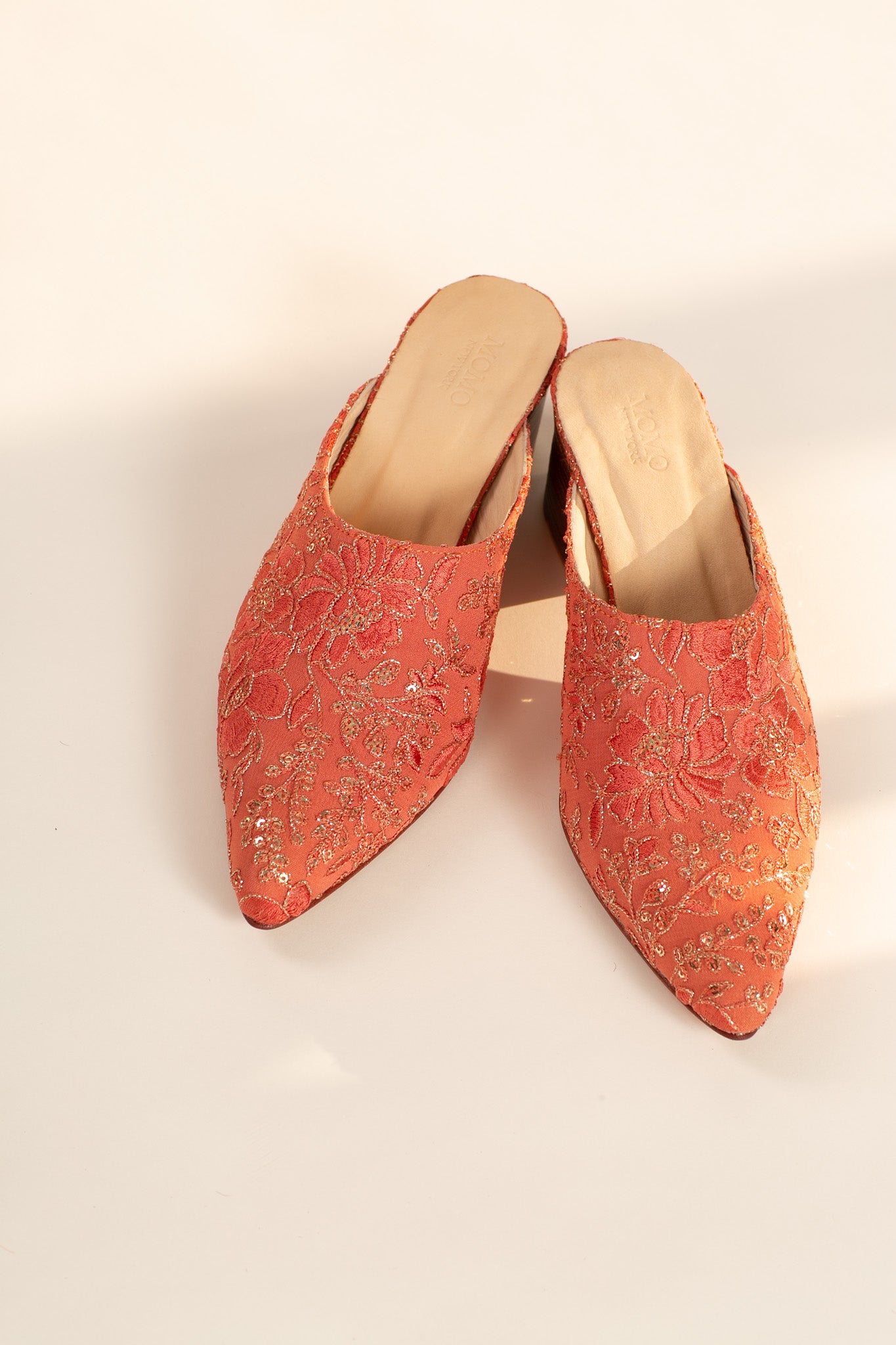 PEACH SILK EMBROIDERED HEELED MULES LEILY