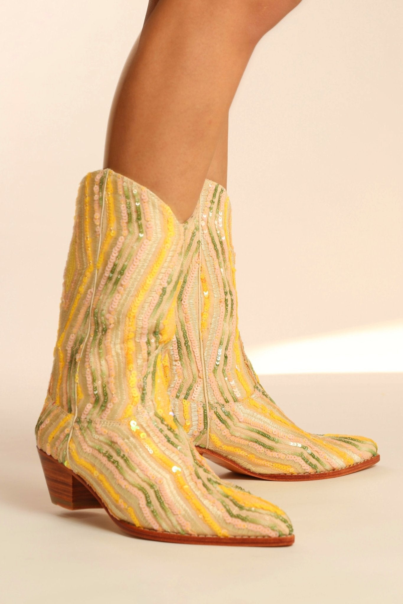 YELLOW WESTERN SEQUIN EMBROIDERED BOOTS SILK MADELAIN
