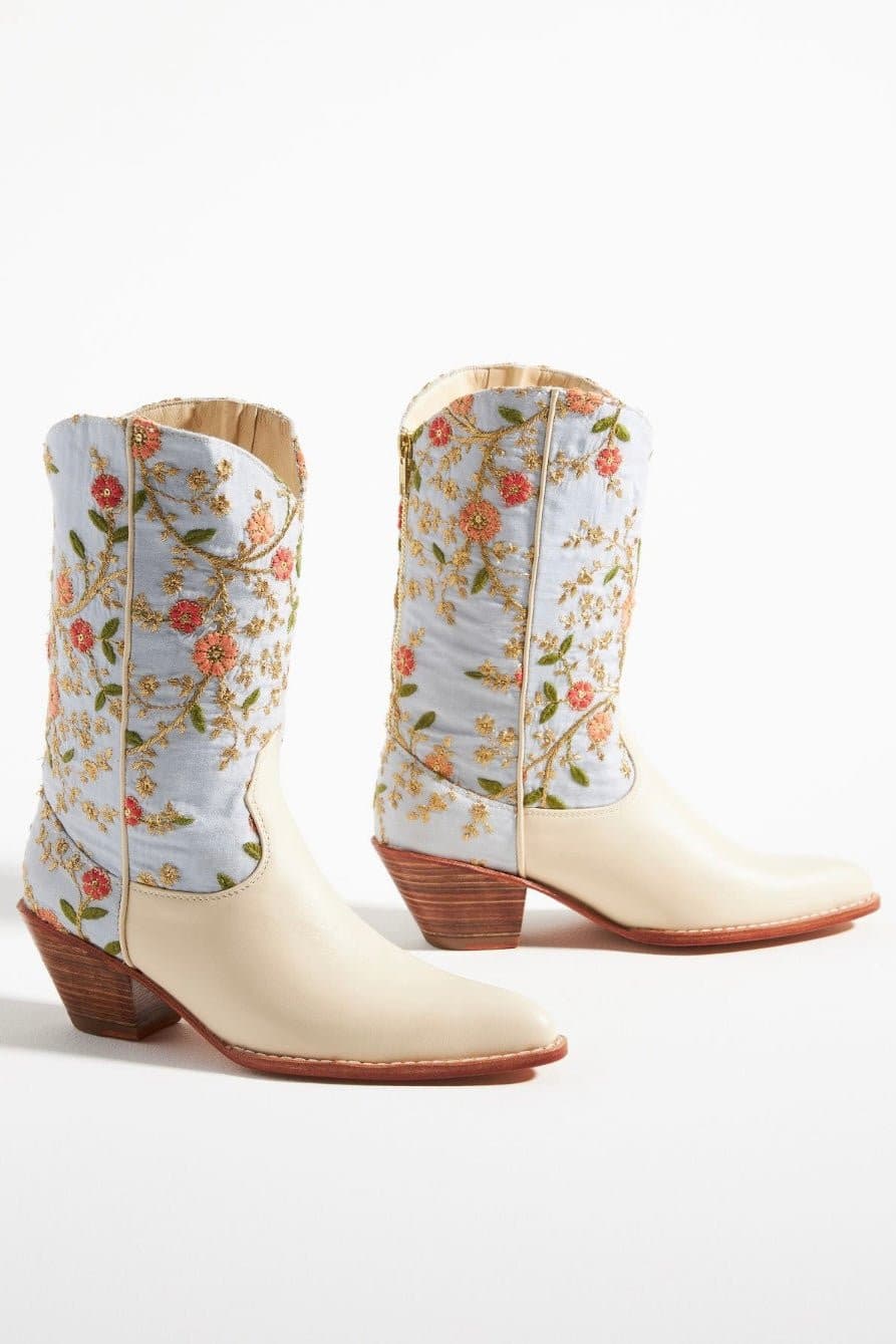 IVORY EMBROIDERED FLOWER WESTERN BOOTS X ANTHROPOLOGIE