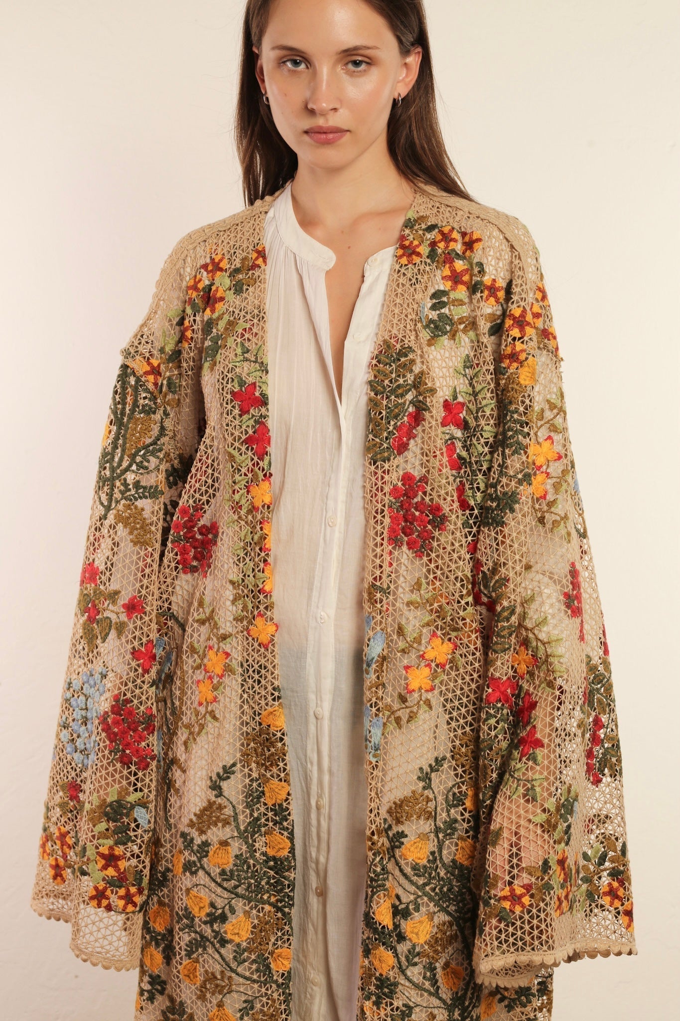 FLOWER COTTON LACE EMBROIDERED KIMONO