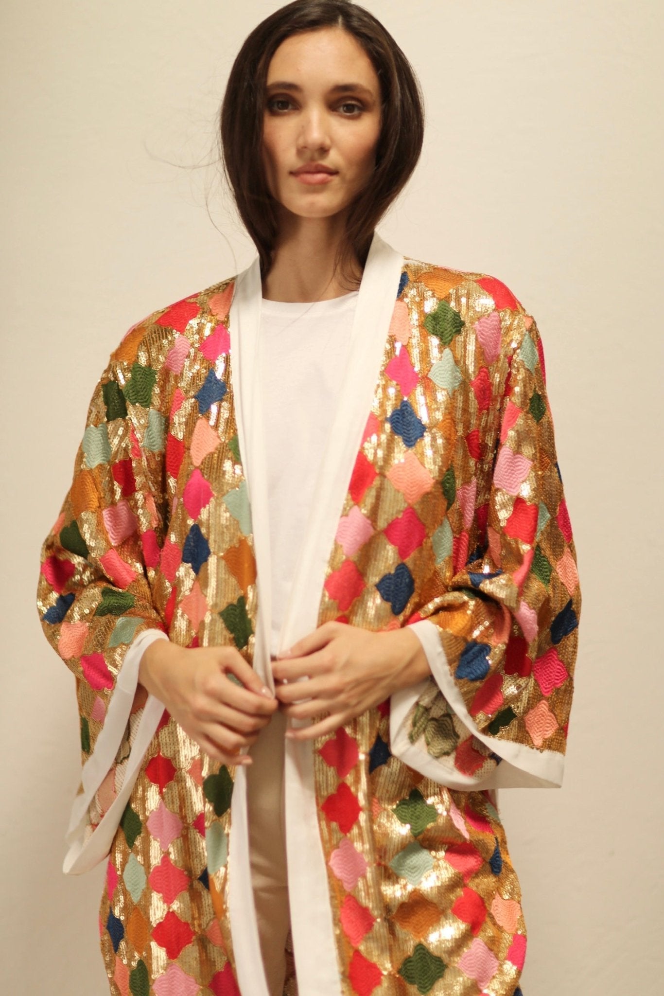 ARGUS GLO CHIFFON SILK SEQUIN EMBROIDERED KIMONO