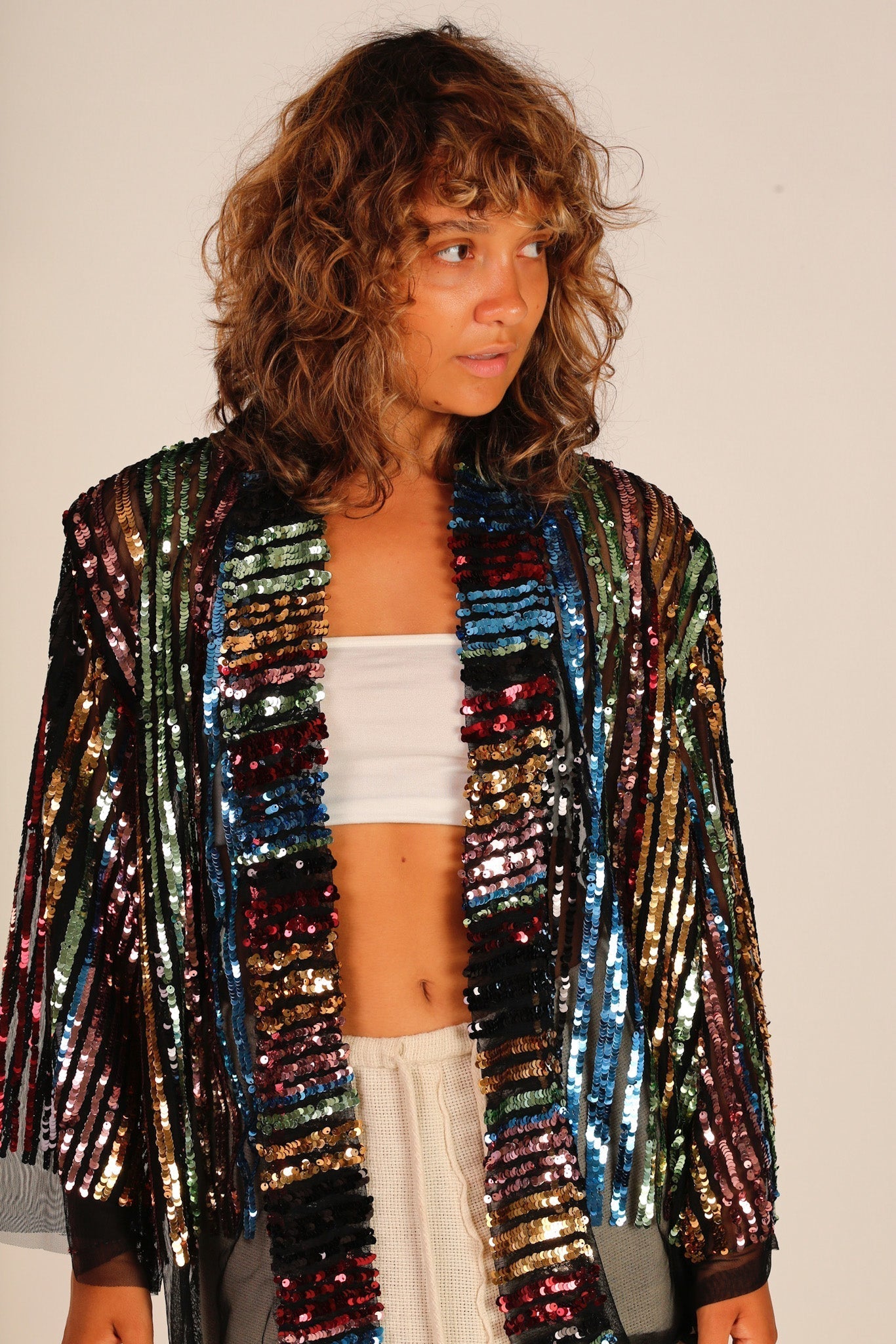 SEQUIN EMBROIDERED CHIFFON SILK SHORT KIMONO