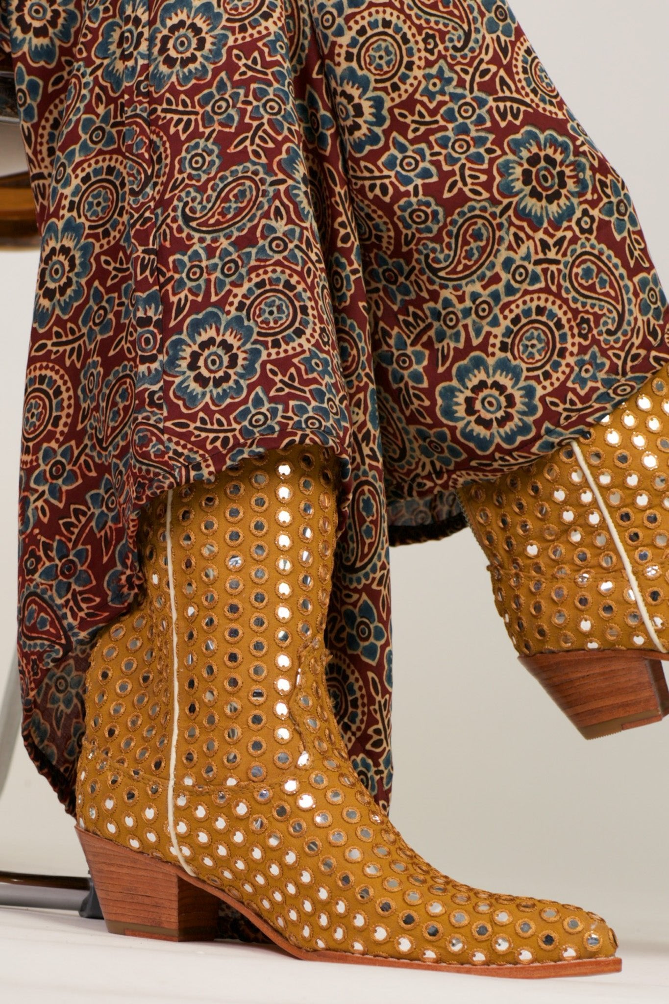 MUSTARD EMBELLISHED SILK BOOTS SANDY