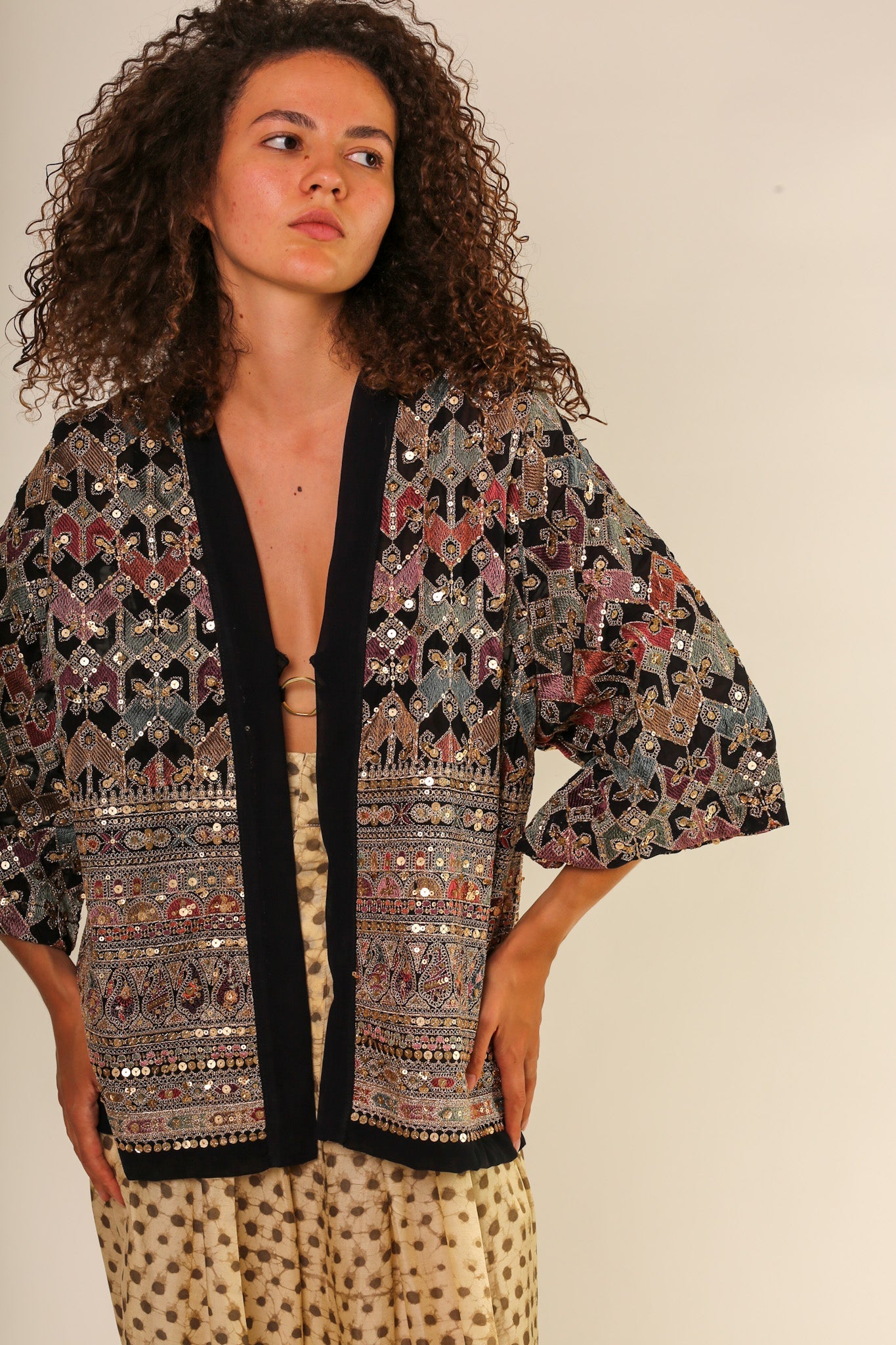 SEQUIN EMBELLISHED CHIFFON SILK SHORT KIMONO