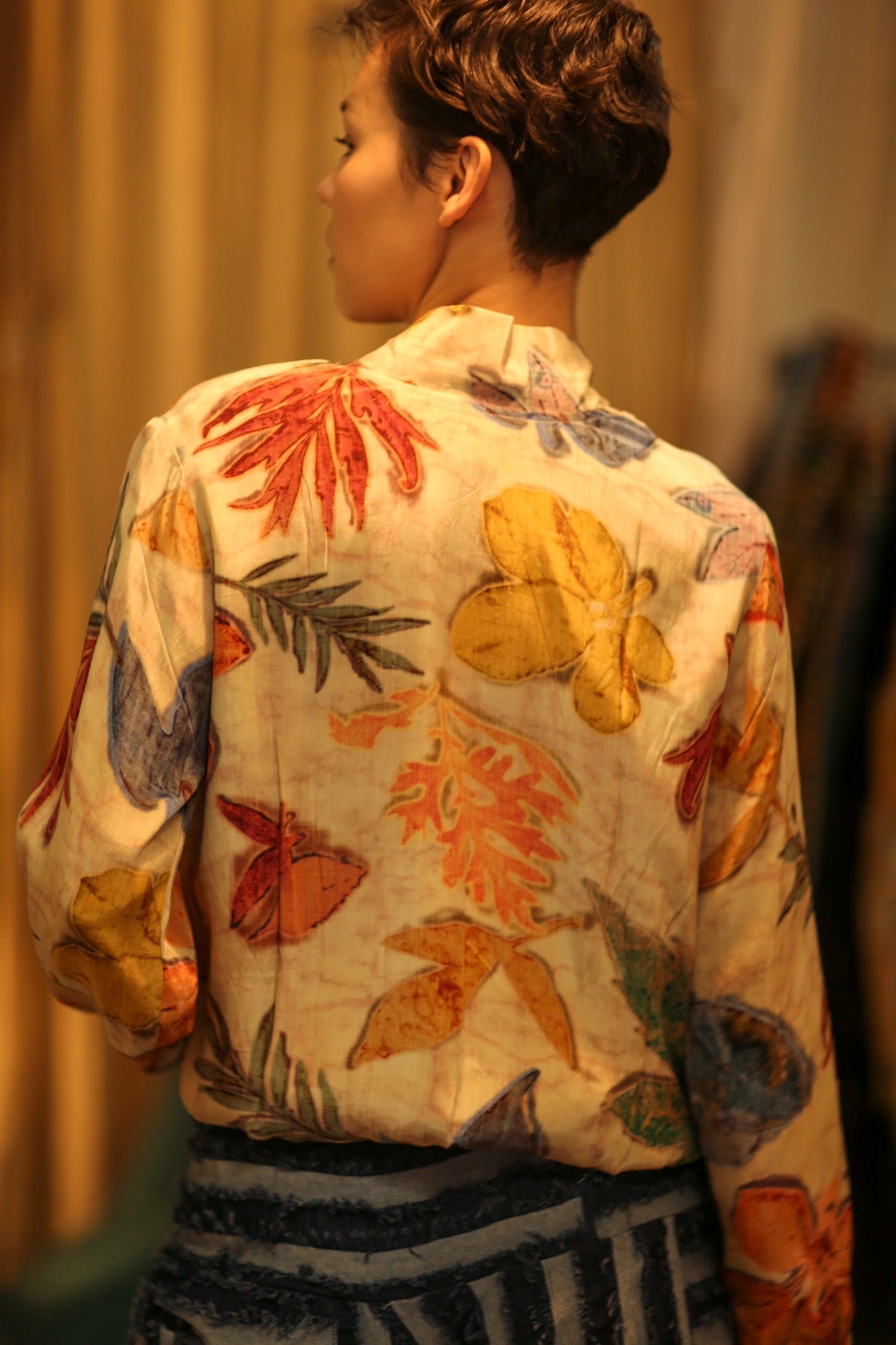 SILK BLOCK PRINT BOMBER JACKET ANCHA PRESSED FLOWERS - S