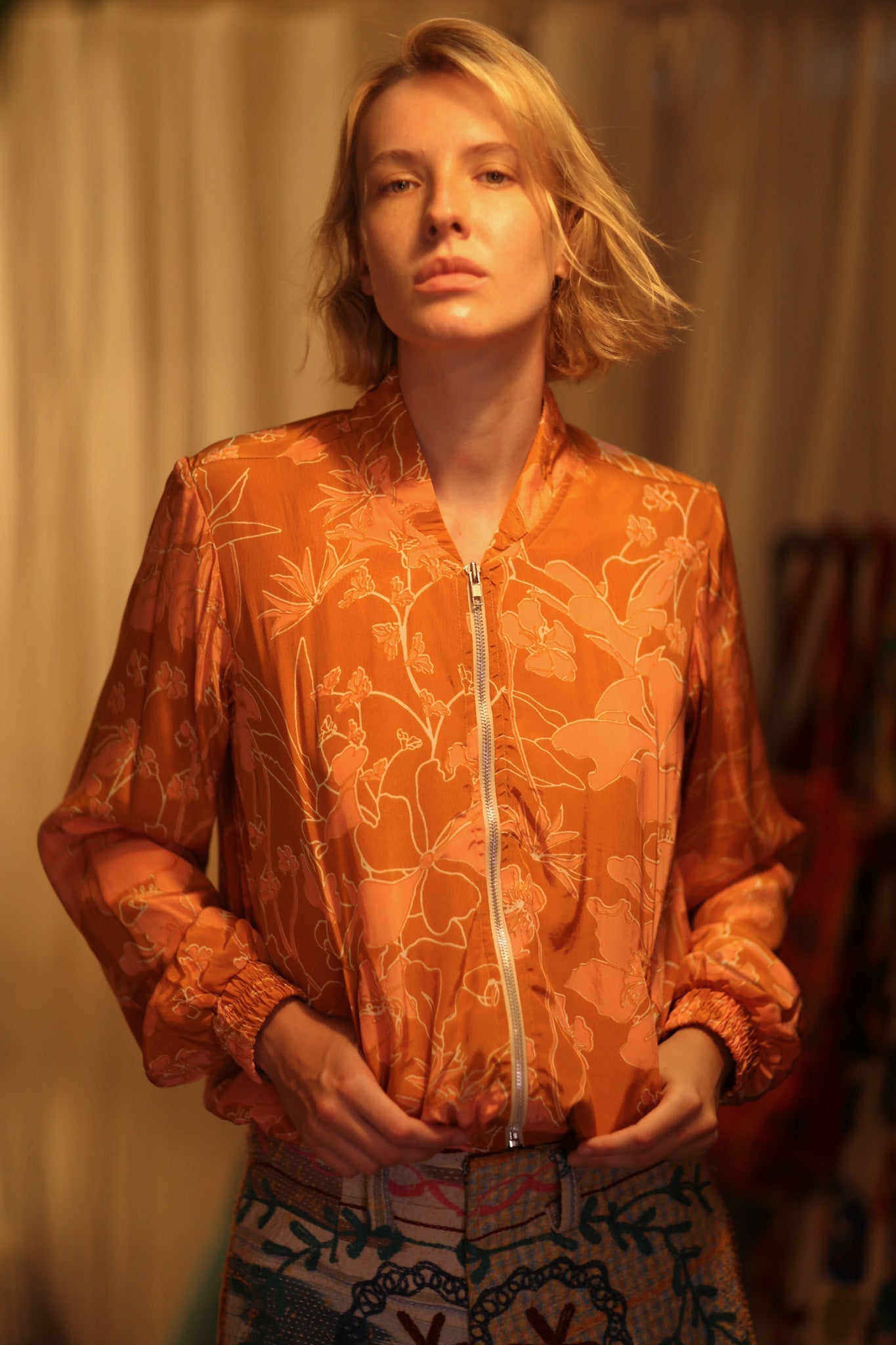 ANCHA SILK BOMBER JACKET ORANGE FLOWER
