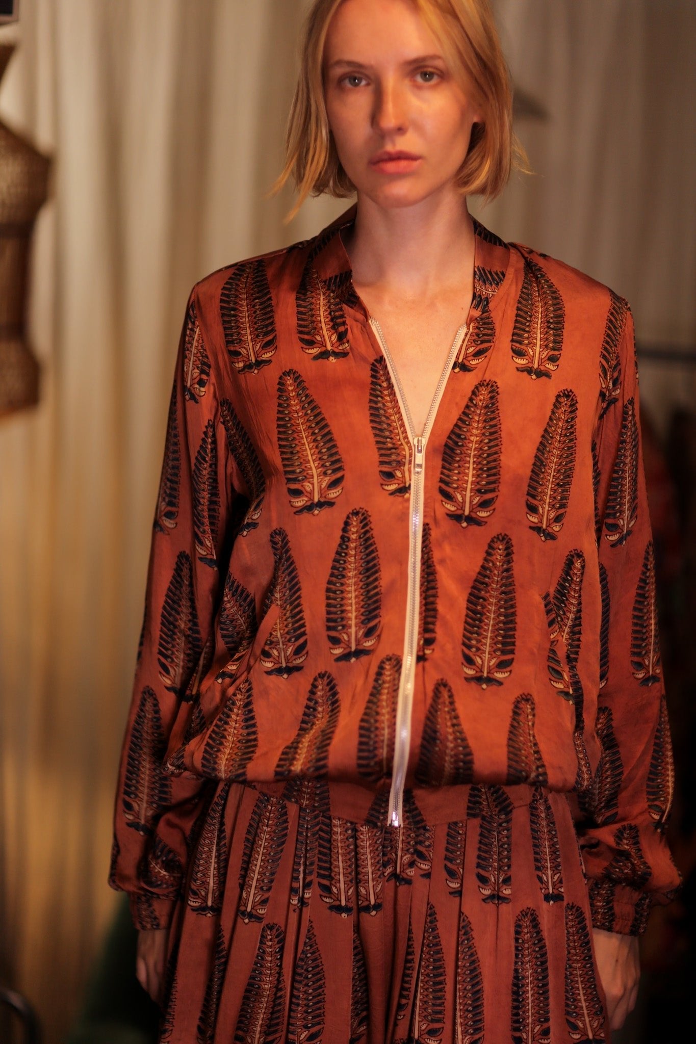 SILK BOMBER JACKET ANCHA BROWN LEAFES