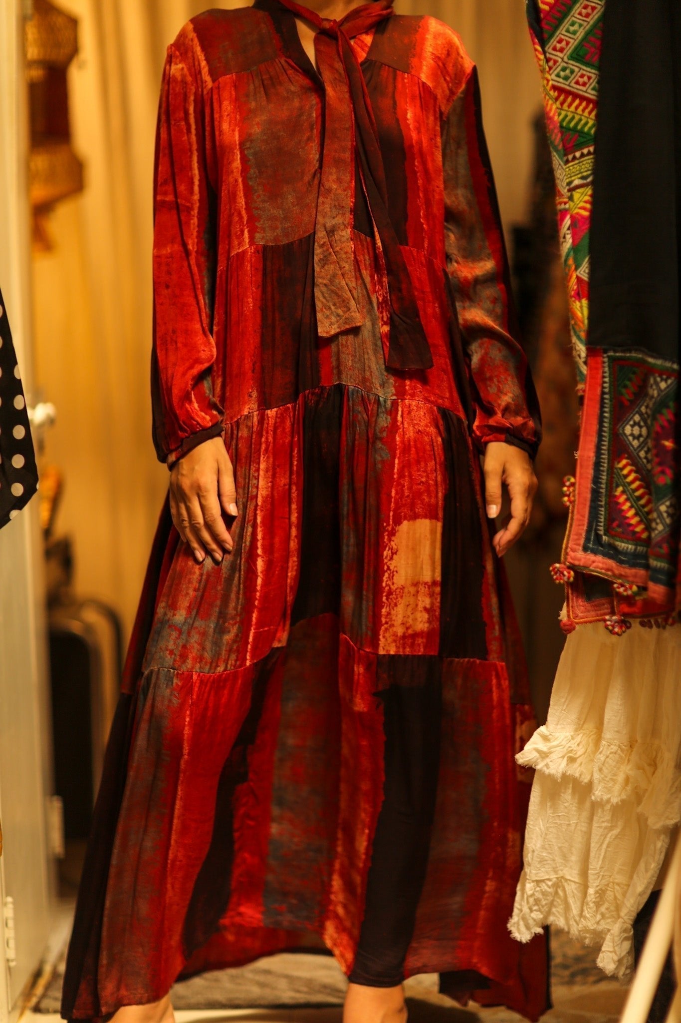 LOA SILK BUTTONED DRESS RED BLOCKS